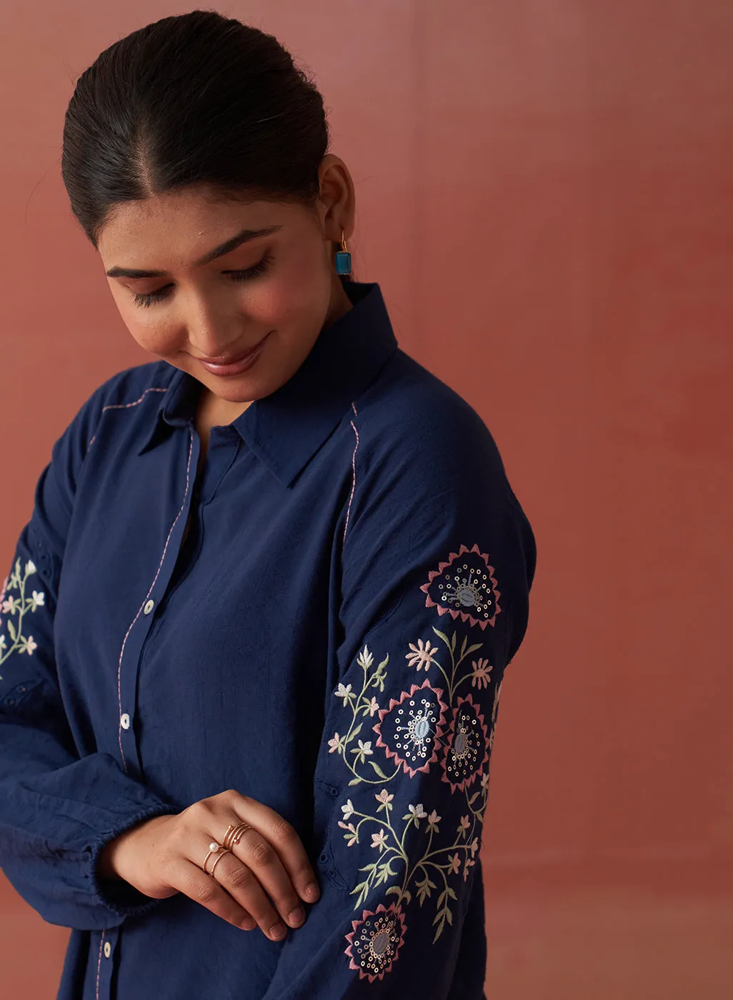 Mayal Navy Blue Embroidered Cotton Linen Shirt for Women