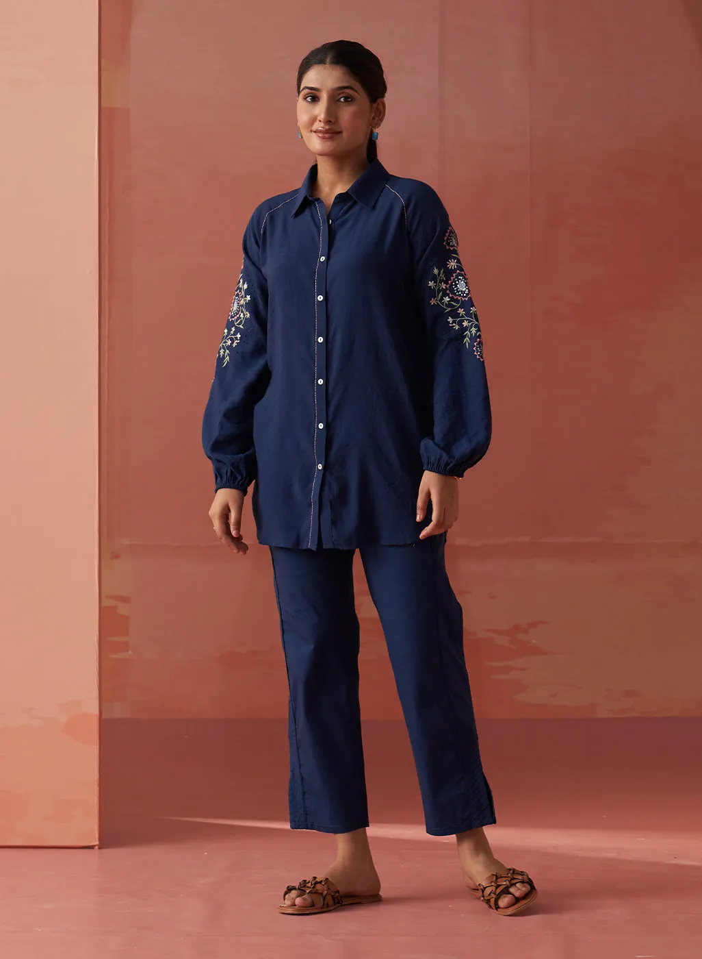 Mayal Navy Blue Embroidered Cotton Linen Shirt for Women