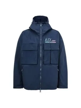 Men s Gradient Logo Nylon Hooded Jacket Navy 271745